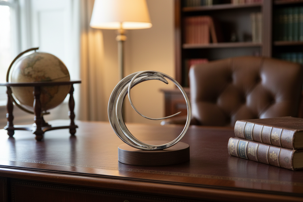 Custom Original metal swing sculpture on a walnut base