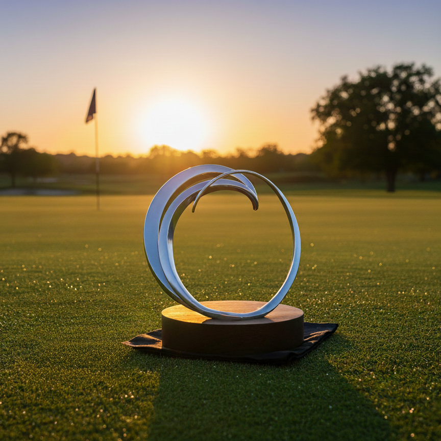 Decorative metal sculpture on a grassy field with sunset in the background